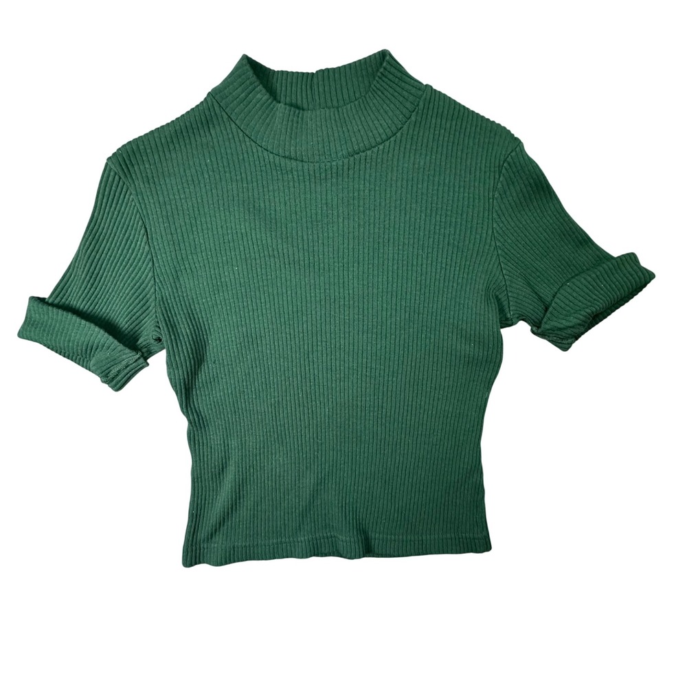 Cool Wear Green Ribbed Mock Neck Short Sleeve Top Vintage 90s Aesthetic Green S